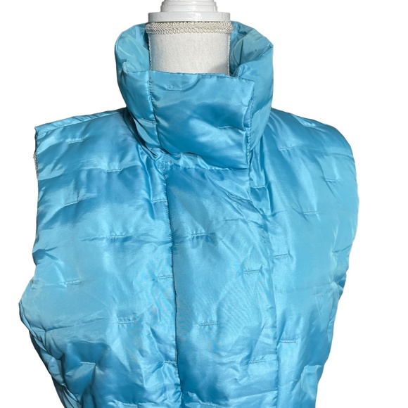 Goose Down Puffer Vest M Feather Cluster Turtleneck Zip Belted Embroidered Blue - Picture 8 of 13